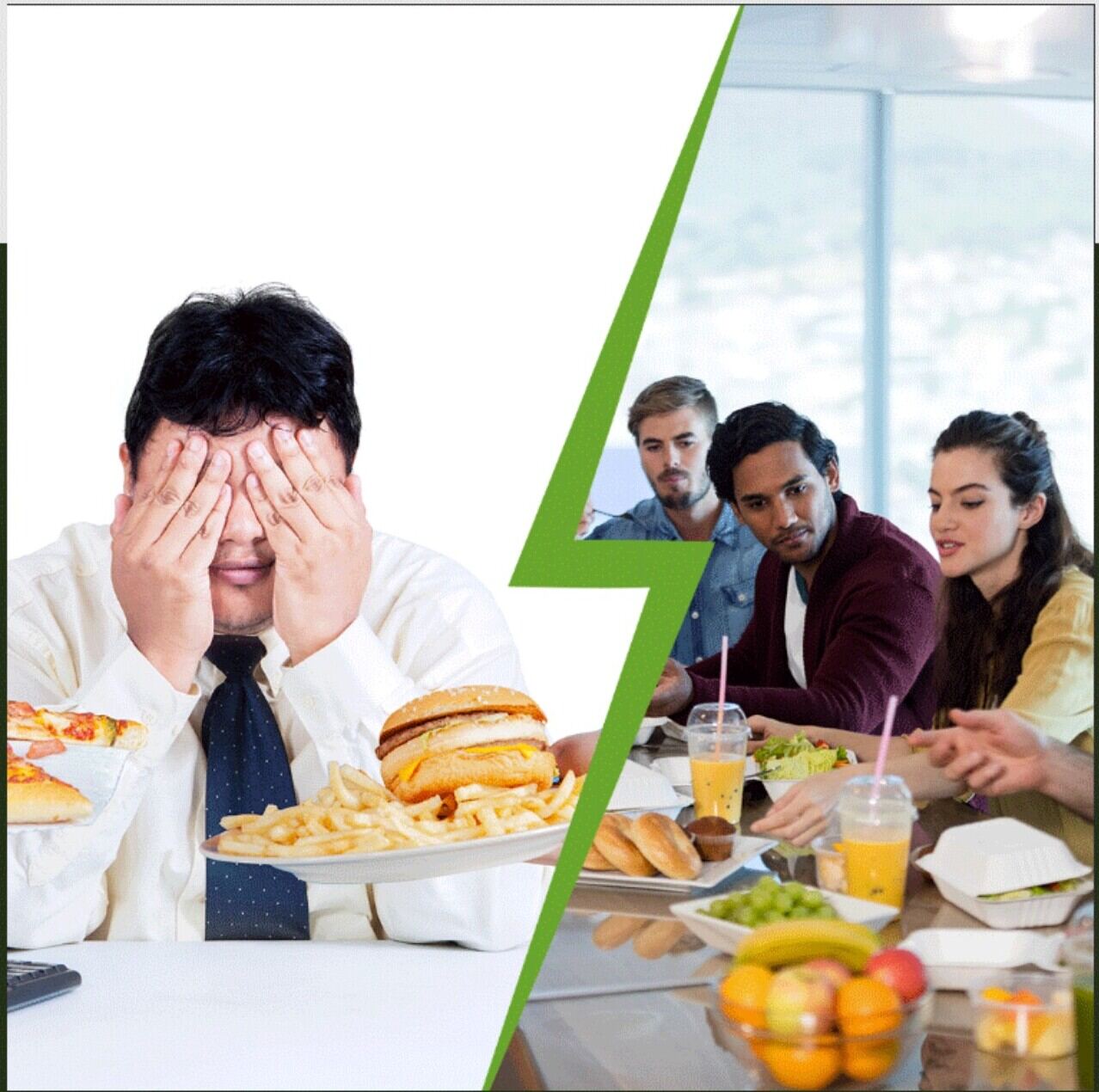 Comparison of an unhealthy office worker versus a happy team eating fresh fruit